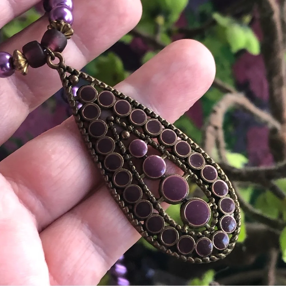 Handcrafted repurpose purple enamel raindrop pendant Czech glass Pearl necklace